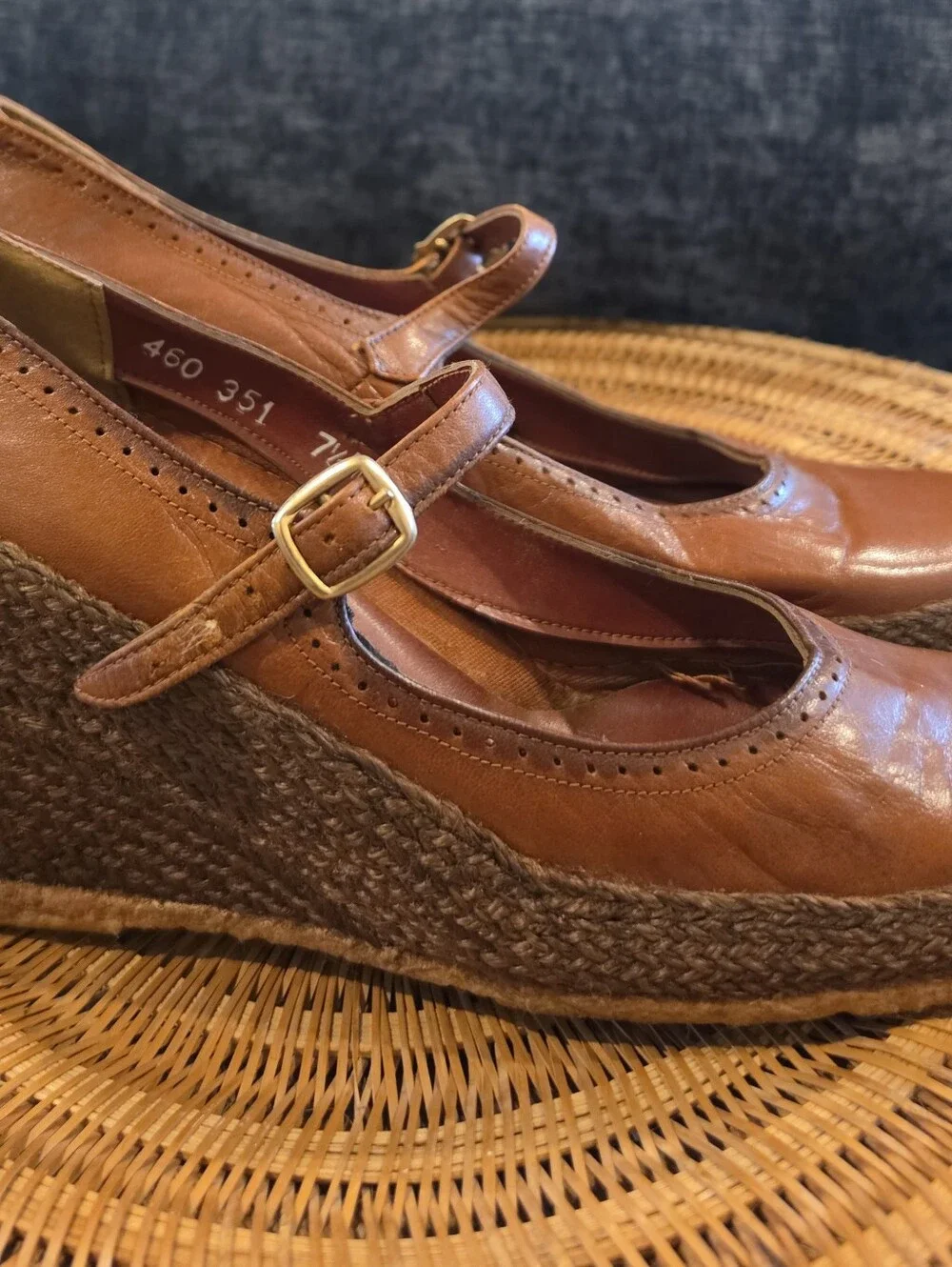 Vintage 1970's Sophisticates Raffia/Leather Mary Jane Wedge Coquette Girl